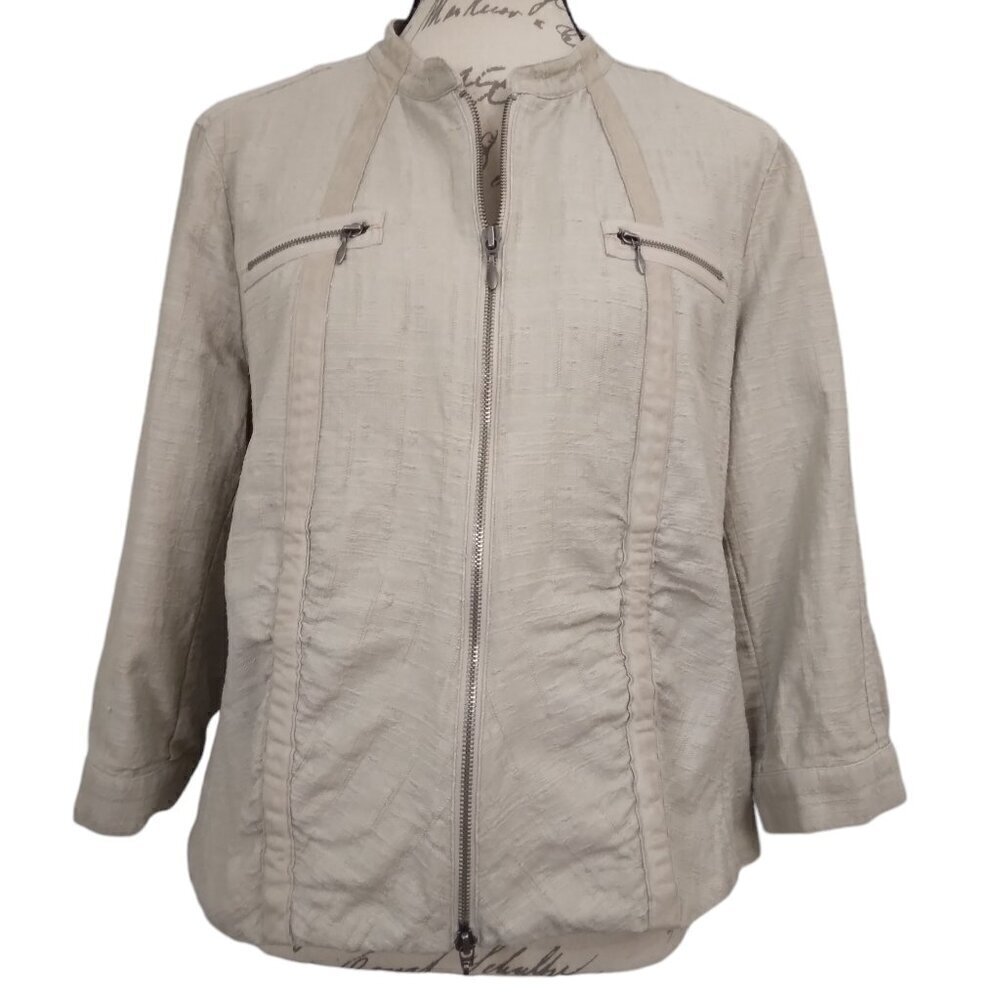 Chico’s | Textured Cotton Linen  Zip Front Jacket Tan | Size 12